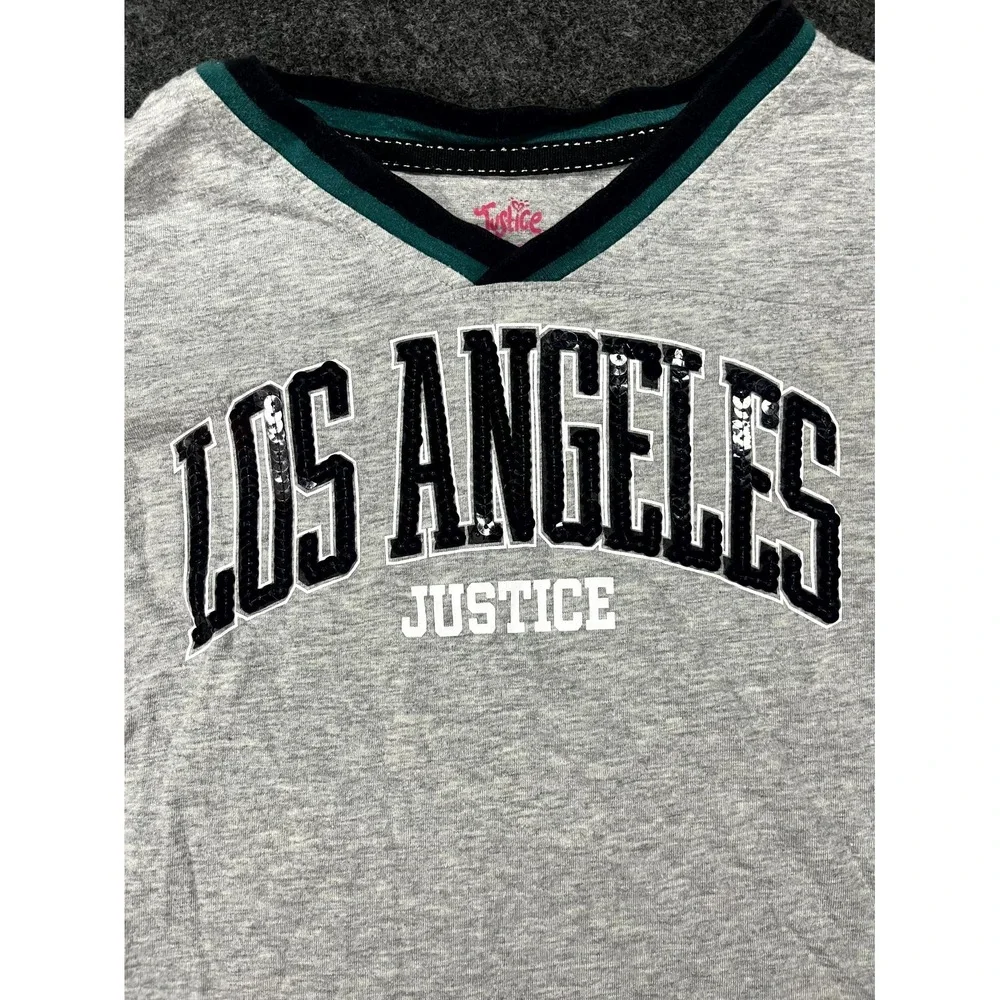 Justice T Shirt Girls S(7/8) Heather Gray Los Angeles Sequin Varsity V Neck